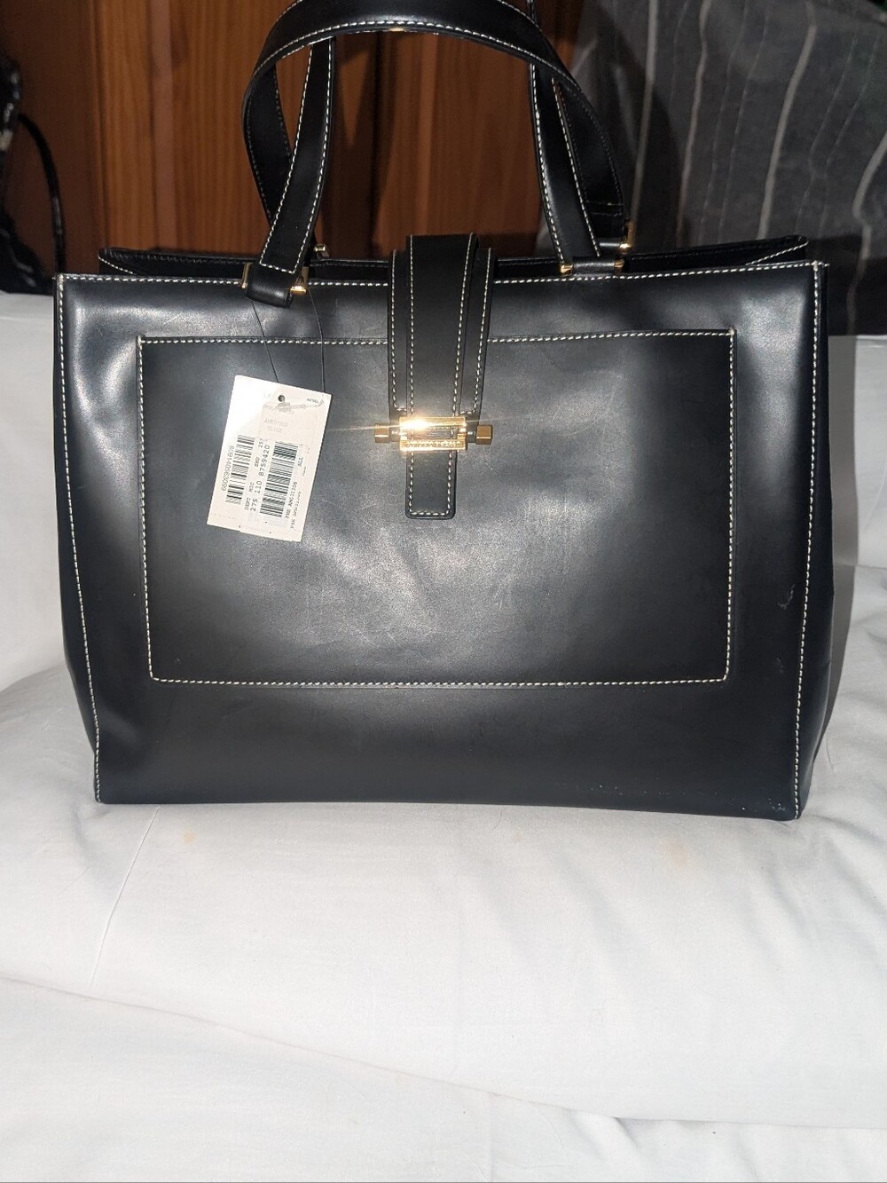 ANTONIO MELANI Black Tote with White Stitching and Gold Hardware. NWT